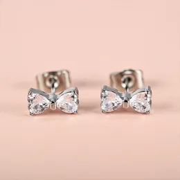 Stud Earrings 1 Pair Of Stainless Steel 304 Cast Inlaid Double Heart Bow Shaped Puncture Ear Bone Nails