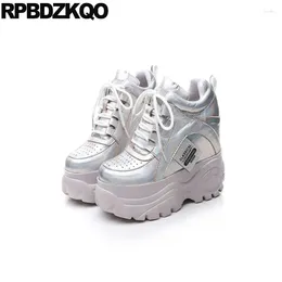 Dress Shoes Fur Lined Metallic Platform Women Trainers Sport Lace Up Athletic Super-high Height Increase High Heels Chunky Sneakers