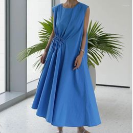 Casual Dresses South Korea Chic Simple High-level Sense Side Draw Pleated Lace-up Design Double Pocket Long Flowing Vest Dress Women