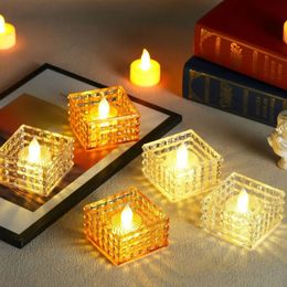 6pcs Flameless Crystal Candle Light Battery Powered Atmosphere LED Tea Light Square Artificial Electronic Night Lamp 240517