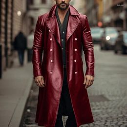 Men's Trench Coats 2024 Fall Winter Fashion Long Leather Jacket Coat Men Overcoats Double Breasted Lapel PU Jackets Mens Windbreaker