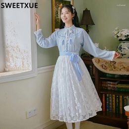 Work Dresses Autumn Retro Women's Embroidered Stand Collar Long Sleeve Shirt Top Lace Pleated Skirt Suit Fashion Outfits