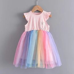 Girls Fashion Dress Rainbow Colorful Costumes Summer Party Dresses Kids Sweet Outfits Baby Vestidos Children Clothing 240516