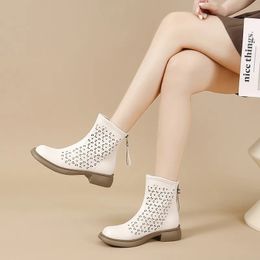 Womens Ankle Boots Hollow Out Breathable Retro Leather Platform Boots Female Spring Womens Shoes Elegant Trends 240517