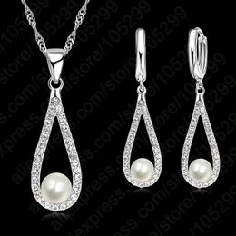 Wedding Jewelry Sets 925 Sterling Silver Shining Crystal Droplets Pearl Necklace Earrings Set Womens Exquisite Gifts Wholesale
