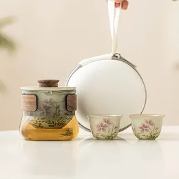 Teaware Sets Hand-painted Daisy Travel Set Portable Tea Personal Outdoor Ceramic Making Small One Pot And Two Cups