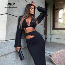 Work Dresses NEONBABIPINK Elegant Sexy Two Piece Set Women Outfit 2024 For Winter Twist Crop Top Cut Out Long Skirt Sets Black White