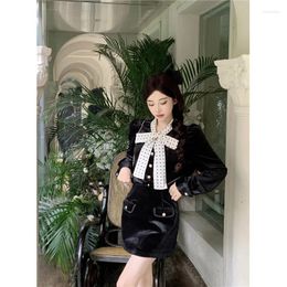 Work Dresses French Sweet Girl Retro Suit Women's Autumn Velvet Coat Top High Waist Mini Skirt Two-piece Set Fashion Female Clothes
