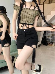 Women's Shorts 2024 Summer Black Fashion Women Korean Style Casual High Waist Tight Hip Covering Lace Strap Jeans