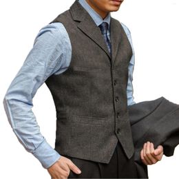 Men's Vests Suit Vest Dark Gray Herringbone Wedding Business Waistcoat Lapel Collar For Groomsmen 2024
