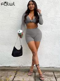 Women's Tracksuits Habbris Autumn Grey Long Sleeve V Neck 2Two Piece Short Set Vacation Beach For Women 2024 Bodycon Fashion Crop Top