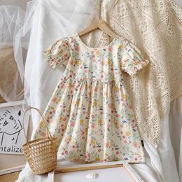 Girl Dresses Summer 1-6T Dress Baby Flower And Leaf Printed Round Collar Patchwork Bubble Sleeves Princess