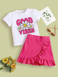 Clothing Sets Girls Skirt Set Summer Baby Girl Cute Letter Mesh Neck T-Shirt & Solid Color Lace Fashion 2-piece For Kids