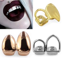 18K Real Gold Grillz Braces Plain Punk Hip Hop Double Teeth Dental Mouth Fang Grills Tooth Cap Cosplay Halloween Costome Party Vam8410086