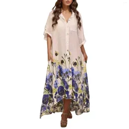 Casual Dresses Elegant Mid Length Dress For Women 2024 Summer Bohemian Style Beach 3/4 Sleeves Button Collar Streetwear