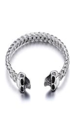 Silver Stainless Steel Cuff bangle Biker double skull head End Open Bracelet knot Wire chain6004785