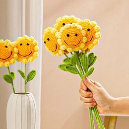 Decorative Flowers Handmade Knitting Sunflower Bell Flower Decoration Home Ornament Birthday Gift Needle Crochet Leaves Plant Finished 1PC