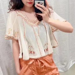 Women's Blouses Women Top Summer Retro Three-dimensional Embroidery Beaded V-neck Pullover