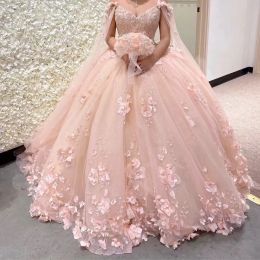 Dresses 2022 Romantic Light Pink 3d Flowers Ball Gown Quinceanera Prom Dresses with Cape Wrap Caftan Beaded Lace Long Sweet 16 Dress Vesti