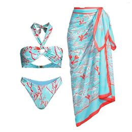 Women's Swimwear Womens Bikini Set 3 Piece Boho Vintage Print Halter Strappy Swimsuits With Maxi Wrap Skirt Toddler Swimsuit
