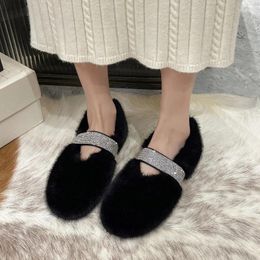 Casual Shoes Pink Anti-fur Loafers Luxury Plush Flats Ladies Winter Warm Stylish Comfortable Party Bling Rhinestone Belt