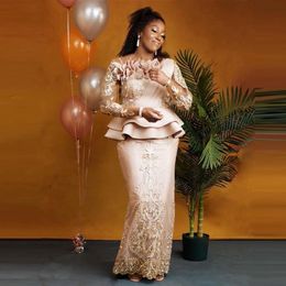 Aso Ebi Style Plus Size African Evening Dresses 2022 Long Sleeves Ruffles Peplum 3D Lace Appliques Mermaid Prom Dress Mother Of The Bri 281K