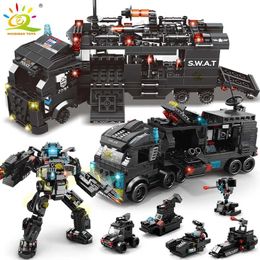 Other Toys HUIQIBAO 454-585PCS 8-in-1 SWAT Police Command Truck Building Block City Helicopter Building Block Childrens Education Toy Set