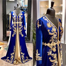 Royal Blue Moroccan kaftan Evening Dresses Long Sleeve Gold Beaded Crystal Floor Length Satin Muslim Prom Dress 2020 Arabic Special Occ 245o