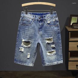 Men's Shorts Ripped Jeans Men Denim Hip Hop Slim Straight Blue Hollow Out Moto & Biker Knee Length Pants 2024 Summer Boys