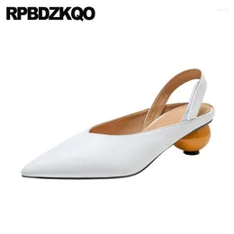 Dress Shoes Special Brown Catwalk White Pumps Size 33 Strange Pointed Toe Block Heels Slingback Chunky Strap Unique Women 2024 Party