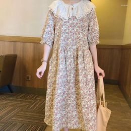 Casual Dresses Summer Floral Lace Collar Dress Women Sweet Mori Gril Cotton And Linen Short Sleeve Long Vintage Large Loose Vestidos