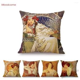 Pillow Alphonse Mucha Vintage Poster Princess Spring Summer Autumn Winter Girl Throw Case Art Floral Painting Cover