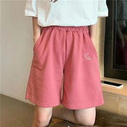 Women's Shorts Elastic Waist Casual Beach Party Korean Version Clothing Size High Moon Embroidery Movement For Women Summer 2024