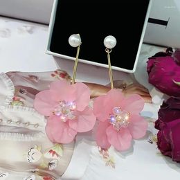 Dangle Earrings Pink Flower For Women Korean Temperament Long 925 Silver Needle Drop Earring Exaggerated Fairycore Jewelry