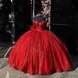 Dresses Mexico Red Off The Shoulder Ball Gown Quinceanera Dress For Girls Ball Beaded Crystal Birthday Party Gowns Bow Robe De Bal