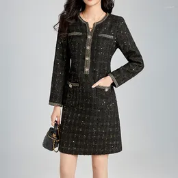 Casual Dresses Women's Black Plaid Sequined O Neck Elegant Small Fragrance Dress Slim One-piece Office French Vintage High Quality Tweed