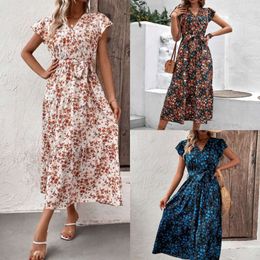 Floral temperament, commuting waist, slimming appearance, printed women's dress, V-neck fashionable dress