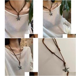 Pendant Necklaces Y2K Star Punk Necklace For Women Korean Fashion Vintage Cow Leather Sweater Chain Pentagram Long Jewellery Drop Delive Dheon