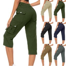 Women's Pants High Waist Cargo Capris Summer Casual Drawstring Solid Sweatpants Hiking For Women Pockets Cropped Trousers