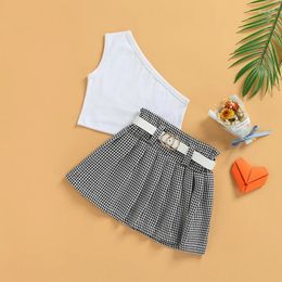 Clothing Sets Est Arrival Kids Girls Three-piece Skirt Suit White Solid Color One-shoulder Vest Plaid Print Pleated And Waistband Set