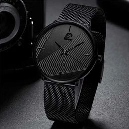 Wristwatches Mens Watch 2013 Minimalist Mens Fashion Ultra thin Watch Simple Mens Business Black Mesh Quartz Watch Reloj HombreL2304