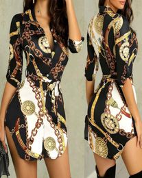 2020 Women Blouses New Print Ladies Dress Sexy Nightclub Lace Short Dress Long Sleeve Chain Print Belt Casual Shirt Dress T02 T2006398294