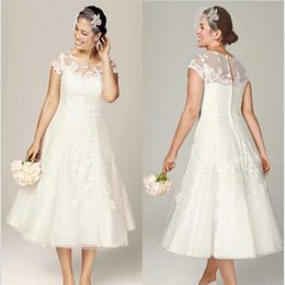 Sheer Lace Wedding Dresses with Illusion Neckline Short Sleeve Tea Length Bridal Gowns Appliques 2015 Plus Size Wedding Gowns 264x