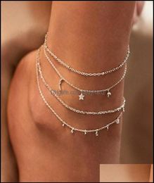 Anklets Summer Boho Moon Star Anklet For Women Gold Mtilayer Crystal Ankle Bracelet Foot Chain Leg Beach Aessories Jewelry5411250