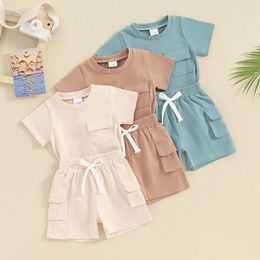 Clothing Sets VISgogo Toddler Boys Summer Outfits Solid Colour Pocket Short Sleeve T-Shirts Tops And Elastic Waist Shorts 2Pcs Clothes Set
