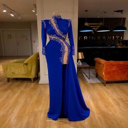 Royal Blue Mermaid Prom Formal Dresses 2021 Long Sleeve Beaded Applique Sexy Slit High Neck Arabic Trumpet Occasion Evening Gown 287V
