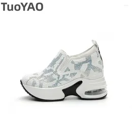 Casual Shoes 9cm Air Mesh Synthetic Platform Wedge Bling Leather Comfort High Brand Summer Lace Up Flat Chunky Sneaker