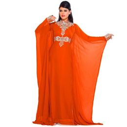 orange Arabic Evening Gown Long sleeves Robe De Soiree Chiffon Dubai Moroccan Kaftan Marocain Party For Muslim mother of the bride dres 269H