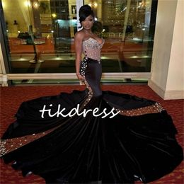 Gorgeous Black Velvet Prom Dresses For Black Girls With Crystals Rhinestones Plus Size Aso Ebi African Mermaid Evening Dress Birthday Party Vestios De Fiesta 2024