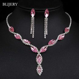 Wedding Jewellery Sets BLIJERY Fashion Pink Crystal Ball Set Womens Accessories Flower Tassel Necklace Earrings Bridal
